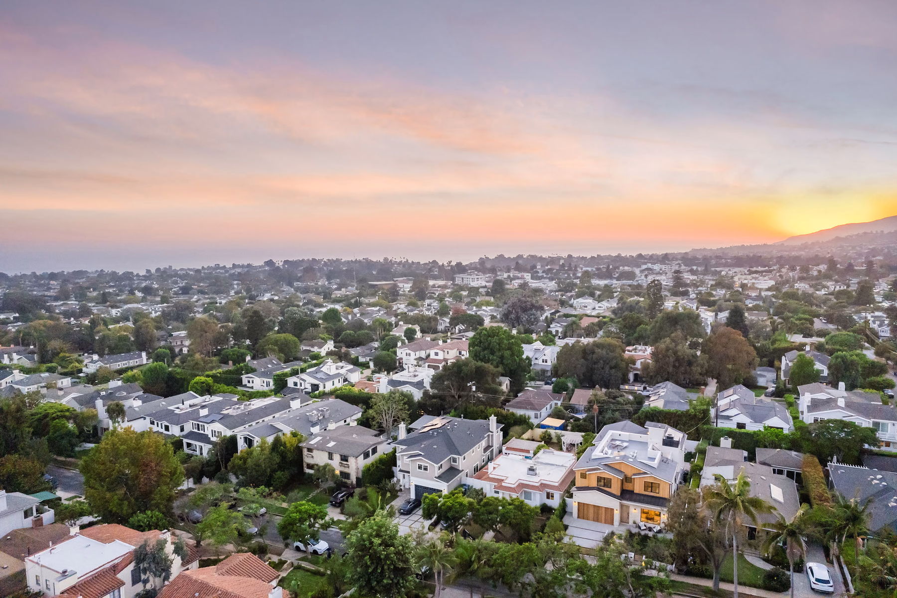 Aerial view of the Pacific Palisades neighborhood at sunset
